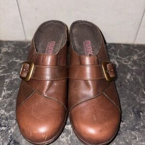 Munro Chestnut Leather Mules with Brass Buckle